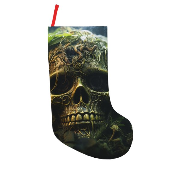 18 in Christmas Stocking, Xmas Hanging Decor Fireplace Family Holiday Gift, Green Weed Cool Skull Print