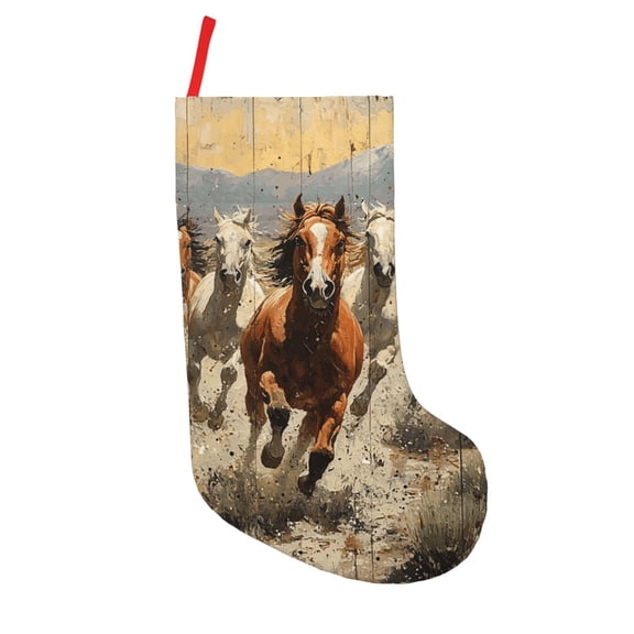 18 in Christmas Stocking, Xmas Hanging Decor Fireplace Family Holiday Gift, Western Horses Runing Vintage Print