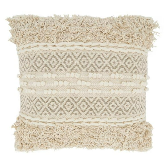 18 in. Corded Moroccan Design Square Throw Pillow with Down Filling, Natural