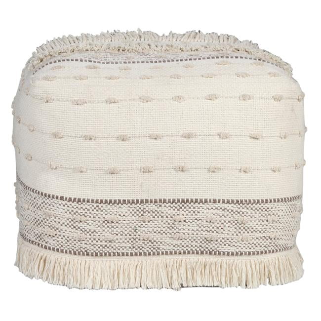 Ivory and Brown Shag Fringe Textured Square Pouf, 18" x 14"