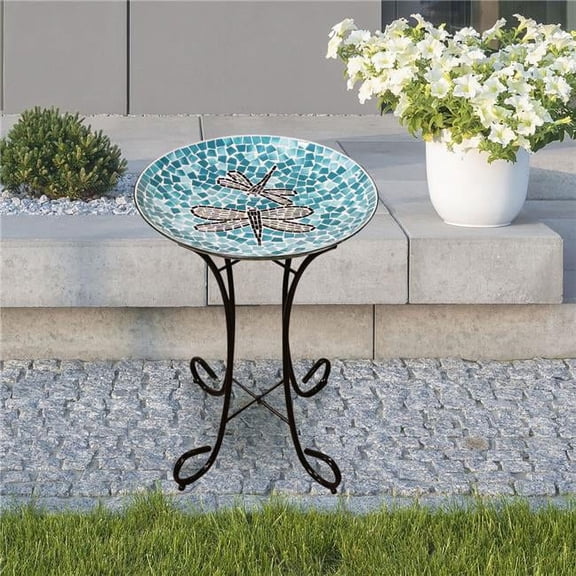 18 in. Dragonfly Duo Mosaic Glass Birdbath with Metal Stand