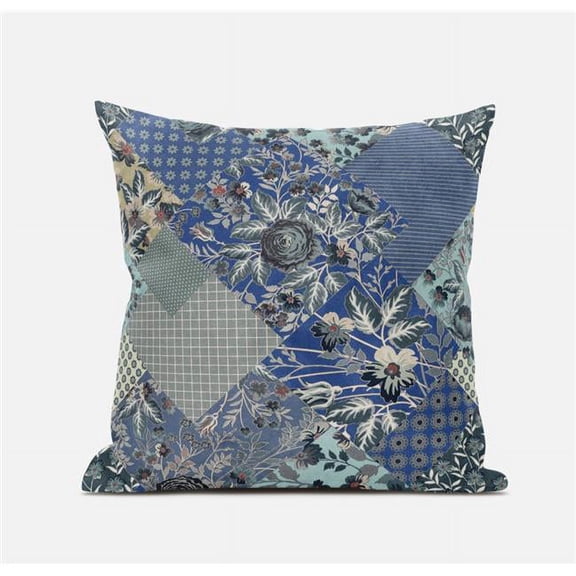 18 in. Floral Suede Throw Pillow, Grey & Blue