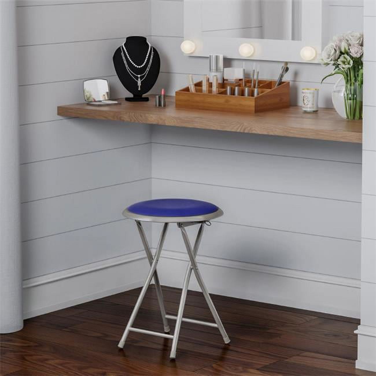 Royal Blue Backless 18-Inch Metal Folding Stool