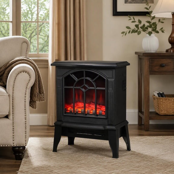 18 in Freestanding Electric Fireplace Stove with Realistic Flame and 750W/1500W Heat Settings Black Plastic