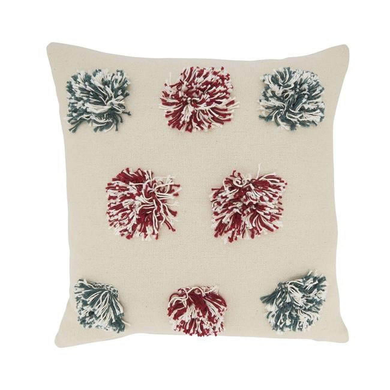 18'' Beige Cotton Throw Pillow Cover with Red and Green Pom Poms