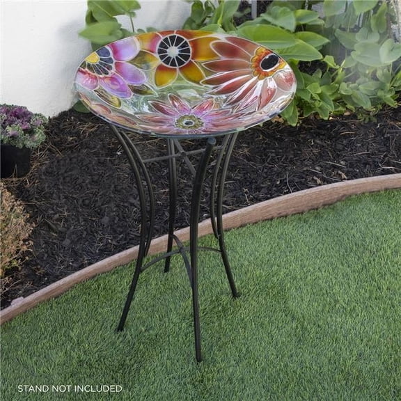 18 in. Glass Birdbath with Colorful Flowers Paint Finish