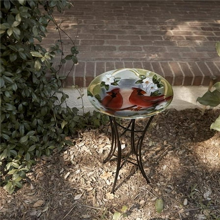 18 in. Glass Birdbath with Red Cardinal Bird Painted Finish