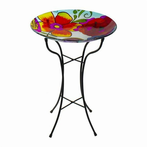 18 in. Hand Painted Glass Floral Pattern Outdoor Patio Bird Bath, Multi-Colored