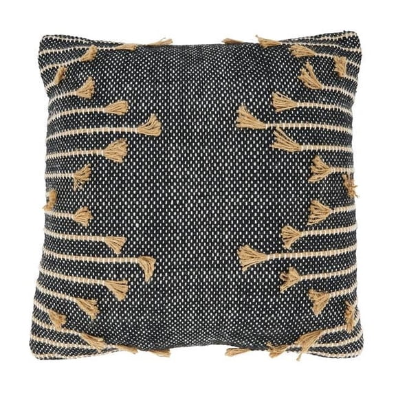 18 in. Handcrafted Whimsy Zig Zag Tassel Square Down Filled Throw Pillow, Black