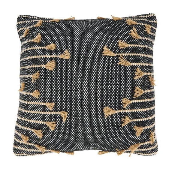 18 in. Handcrafted Whimsy Zig Zag Tassel Square Throw Pillow Cover, Black