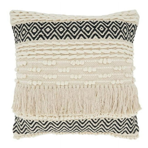 18 in. Multi-Textured Moroccan Design Square Throw Pillow with Poly Filling, Natural