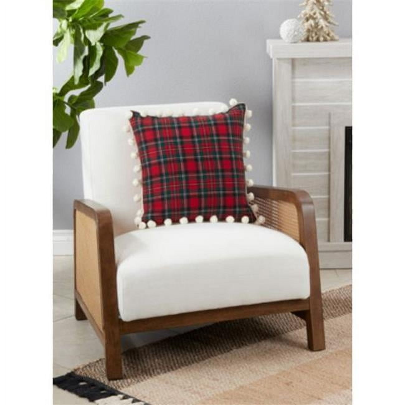 Red and Green Plaid Throw Pillow with White Pom Poms