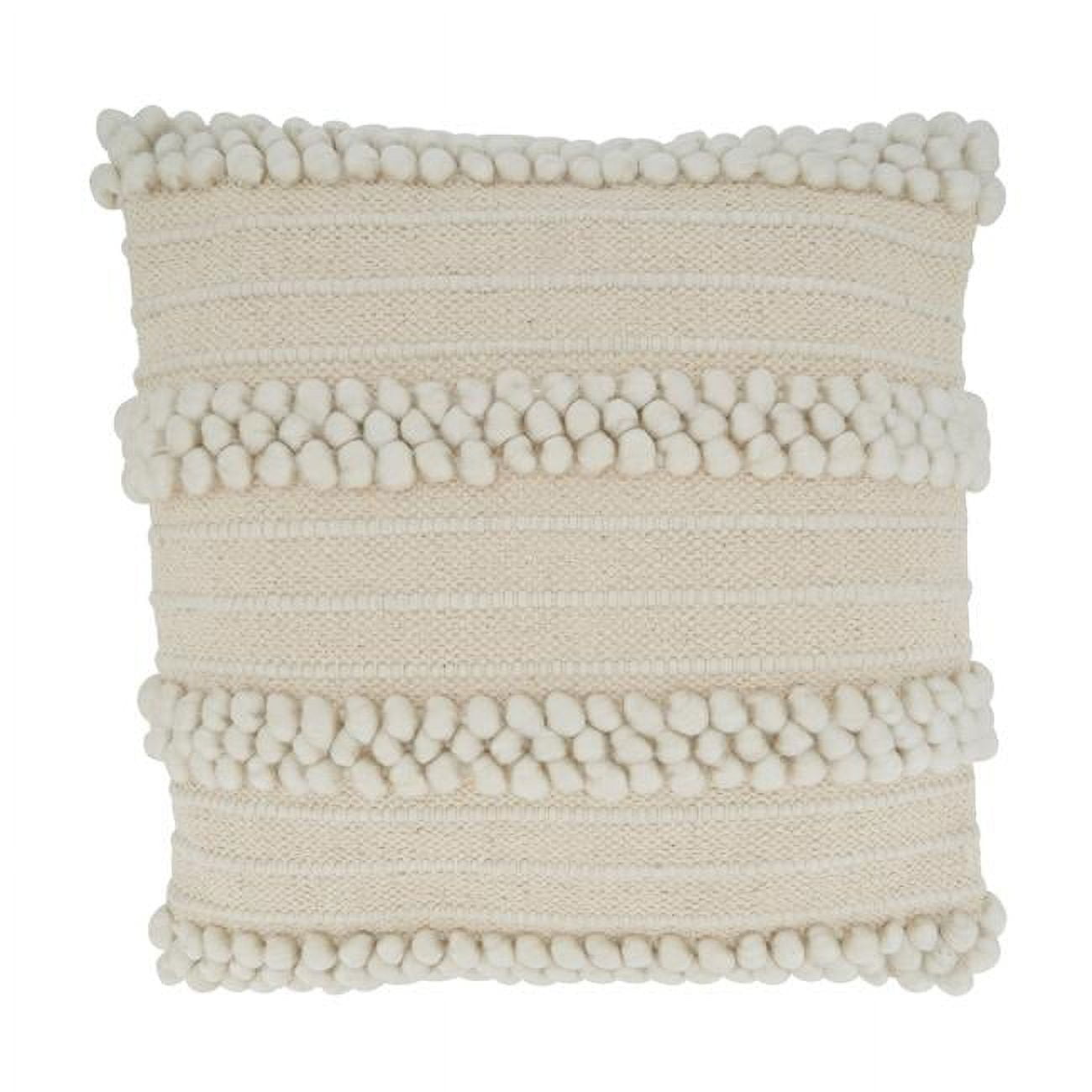 Ivory Pom Pom Striped Square Throw Pillow with Down Filling