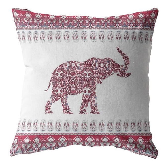 18 in. Red & White Ornate Elephant Suede Throw Pillow