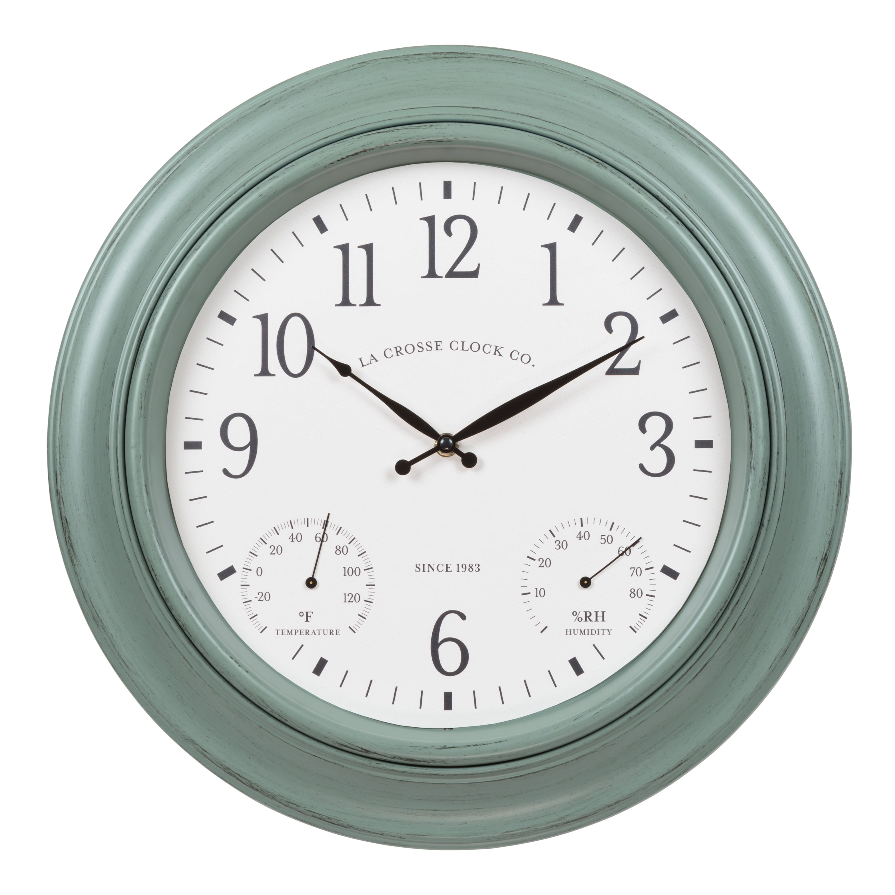 18" Sage Green Analog Quartz Wall Clock with Temperature & Humidity Gauges