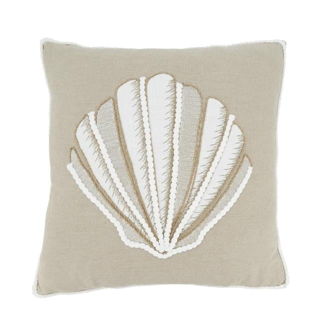 18'' Natural Cotton Embroidered Seashell Throw Pillow