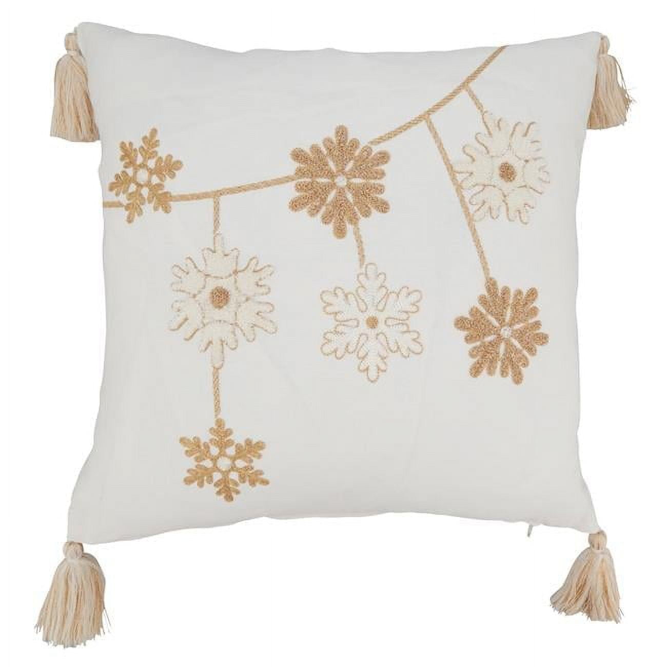 Gold Snowflake Embroidered Square Throw Pillow with Tassels