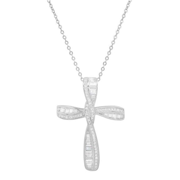 18 in. Sterling Silver Baguette Cubic Zirconia Cross Pendant
