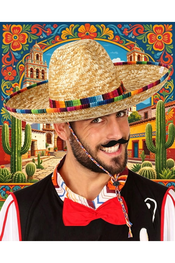 18 in Straw Sombrero Hat for Adults, Wide Brim Fiesta Sun Hat, Lightweight Breathable