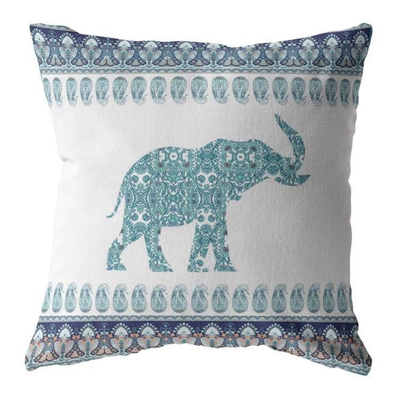 18 in. Teal Ornate Elephant Suede Throw Pillow, Blue