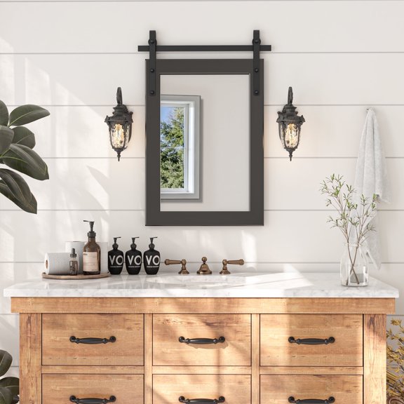 18 in. W x 26 in. Farmhouse Mirror Wall Mounted Rustic,Barn Door Mirror with Wooden Frame Mirrors for Bathroom, Living Room, Bedroom