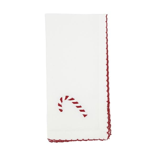 Whimsical White Cotton Candy Cane Napkin Set with Red Stitching