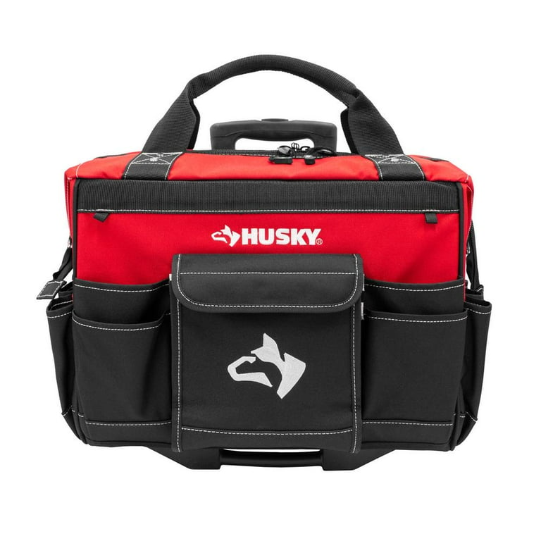 14 in. Zipper Top Rolling Water Resistant Tool Tote Bag in Red with 13 total pockets and heavy-duty telescoping handle 14 in. Zipper Top Rolling Water Resistant Tool Tote Bag in Red with 13 total pockets and heavy-duty telescoping handle