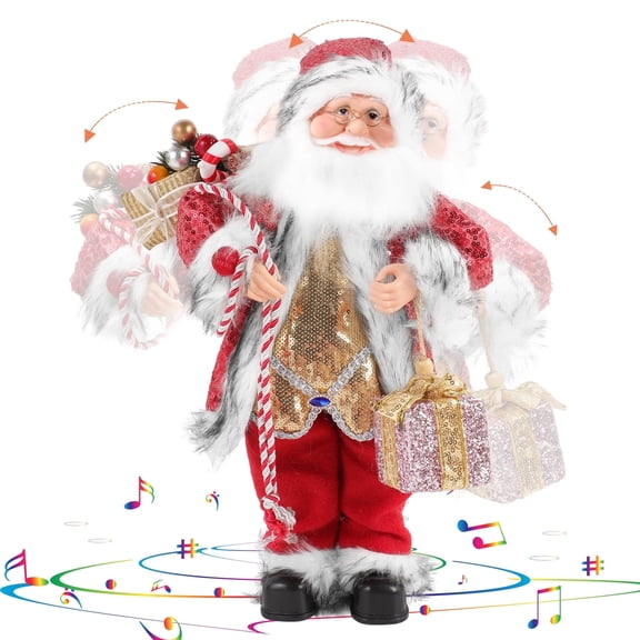 18-inch Animated Singing & Dancing Santa Claus with Music, Plush Christmas Figurine with Red Sequin Coat, Battery Operated Holiday Tabletop Decoration
