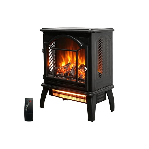 18 inch Antique Black Electric Infrared Quartz Fireplace Stove with Remote, 3D Flame Effect, Freestanding Heater for Room, 1500W