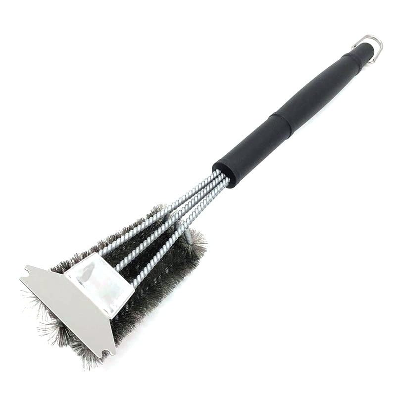 18-inch BBQ Brush and Scraper - Three rows of reinforced stainless steel bristles - Best heavy-duty outdoor BBQ brush for all types of grills - 18-inch long BBQ brush handle