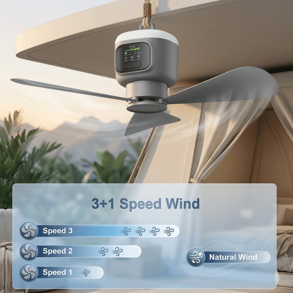 18-inch Battery Powered Ceiling Fan with Remote & Light, Cordless Tent Fan for Camping Accessories & RV Essentials, 12000mAh Rechargeable Hanging Fan for Outdoor Patio, Gazebo, and Garage Cooling