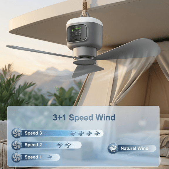 18-inch Battery Powered Ceiling Fan with Remote & Light, Cordless Tent Fan for Camping Accessories & RV Essentials, 12000mAh Rechargeable Hanging Fan for Outdoor Patio, Gazebo, and Garage Cooling