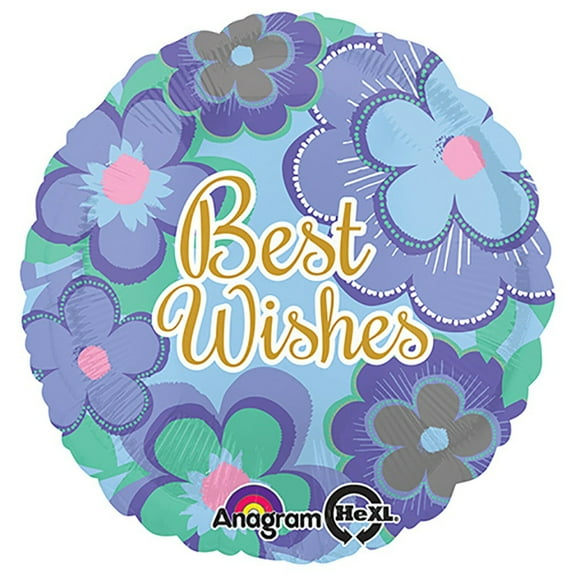 18 inch Best Wishes Blue Floral Foil Mylar Balloon - Party Supplies Decorations