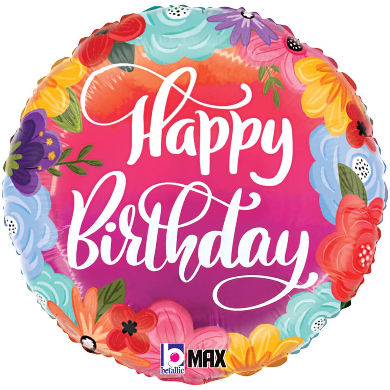 18 inch Betallic Happy Birthday Bright Flowers Foil Mylar Balloon ...