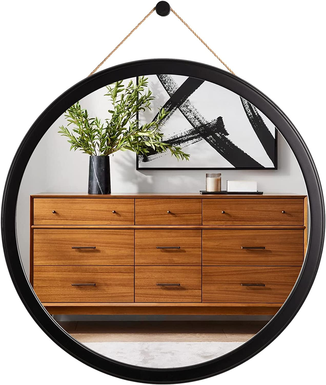 18 inch Black Round Mirror Bathroom Wall Mirror with Beveled Wood Frame