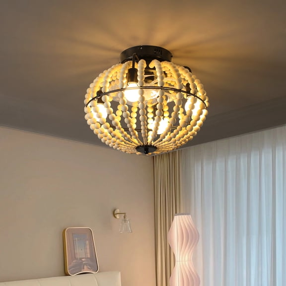 18 inch Bohemian Wood Beaded Ceiling Fan with Light Flush Mount Caged Ceiling Fan Rustic Farmhouse Fan Light Fixture-Silent/6-Speed/Reversible/DC Motor(No Bulbs)