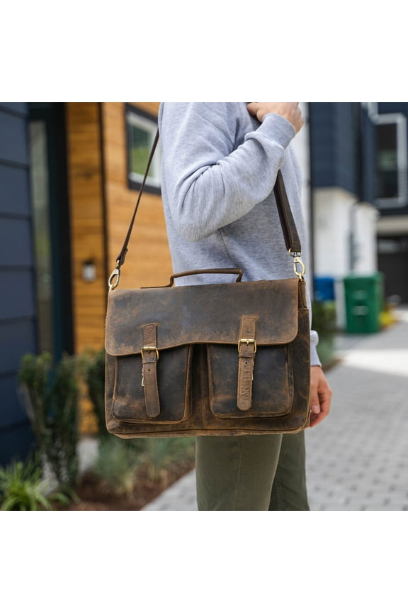 18 inch Buffalo Leather Briefcase Laptop Messenger Office College Bag for Men and Women