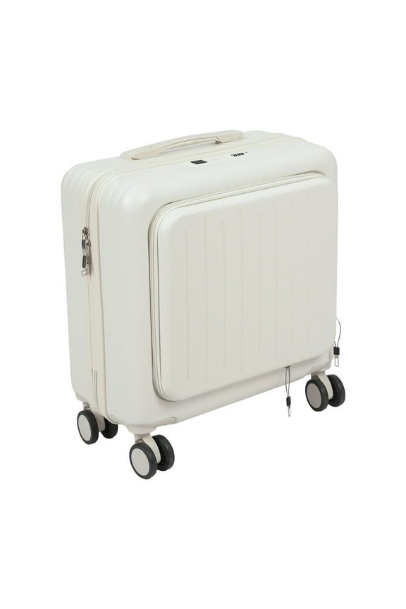 18 inch Carry On Luggage with Front Laptop Pocket, ABS Boarding Suitcase with Cup Holder & USB Charge Port, Lightweight Travel Luggage Suitcase with Four Spinner Wheels and Lock, White