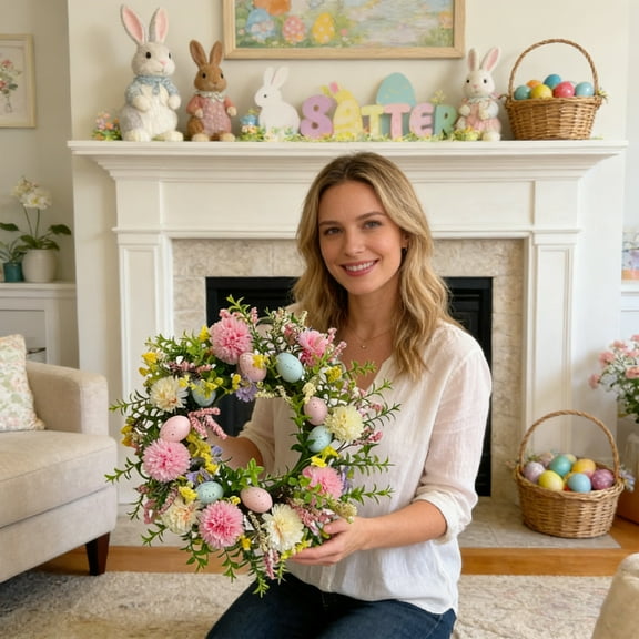 18 inch Easter Wreath Artificial Easter Egg Wreath for Front Door Easter Door Wreath Spring Wreath with Pastel Eggs and Mixed Twigs for Easter Decorations（A）