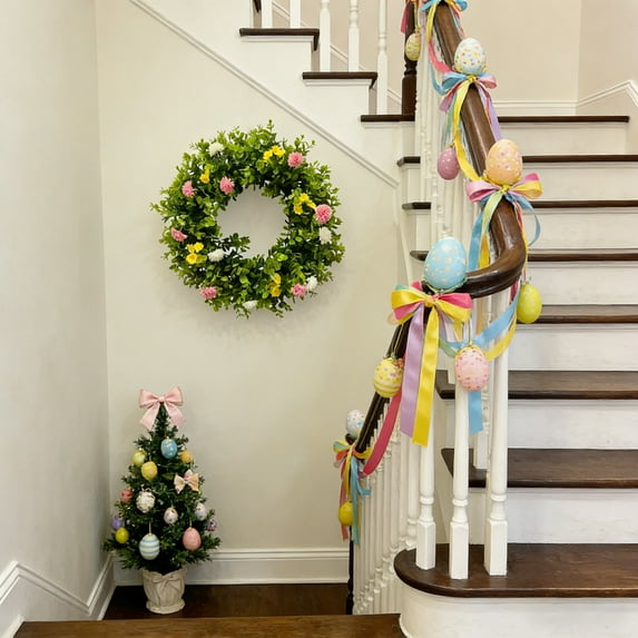 18 inch Easter Wreath Artificial Easter Egg Wreath for Front Door Easter Door Wreath Spring Wreath with Pastel Eggs and Mixed Twigs for Easter Decorations(D)