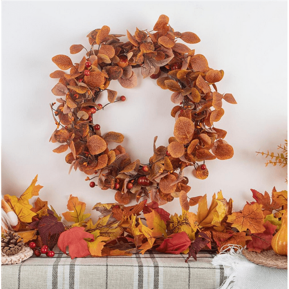 Scidweet Fall Wreaths for Front Door, 18" Artificial Eucalyptus Leaves Autumn Wreaths Modern Farmhouse Fall Decoration for Home