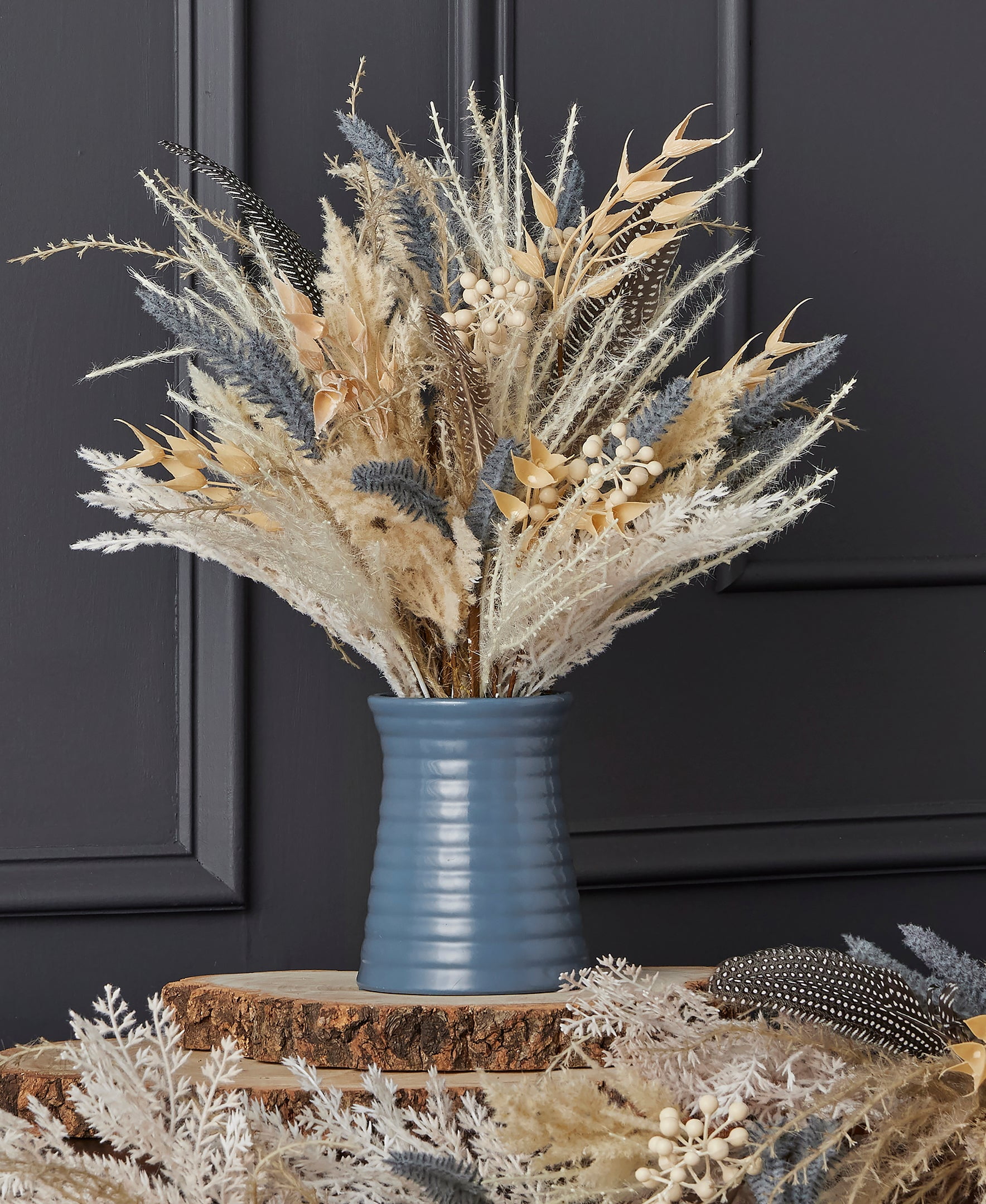 18 inch Floral Arrangement in Ceramic Pot, Fall Fields Bouquet with Blue Floral, Feather and Pampas, Artificial Tabletop Display, Indoor Home Decor - by Seasonal LLC