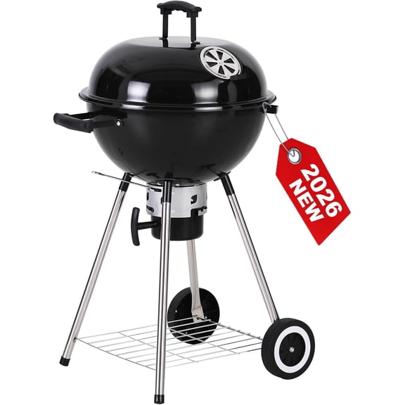 18 inch Kettle Charcoal BBQ Grill with Wheels, Portable Charcoal Grill with Porcelain-Enameled Lid & Ash Catcher for Outdoor Cooking Barbecue Camping Picnics Tailgating, Black