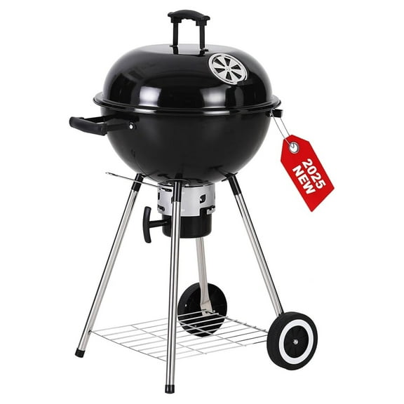 18 inch Kettle Charcoal BBQ Grill with Wheels, Portable Charcoal Grill with Porcelain-Enameled Lid & Catcher for Outdoor Cooking Barbecue Camping Picnics Tailgating, Black