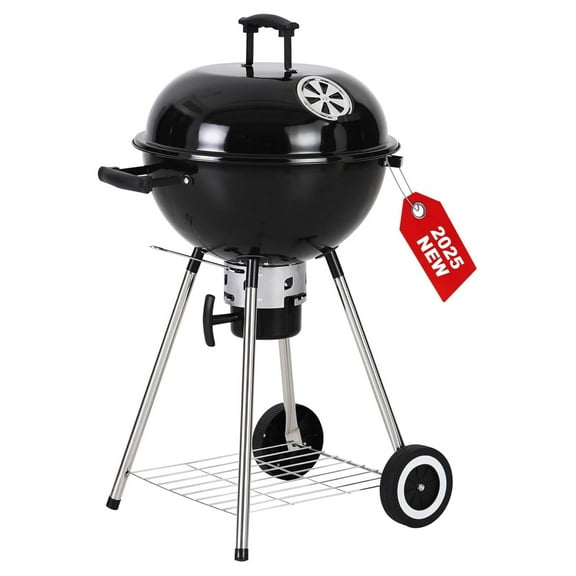18 inch Kettle Charcoal BBQ Grill with Wheels, Portable Charcoal Grill with Porcelain-Enameled Lid & Catcher for Outdoor Cooking Barbecue Camping Picnics Tailgating