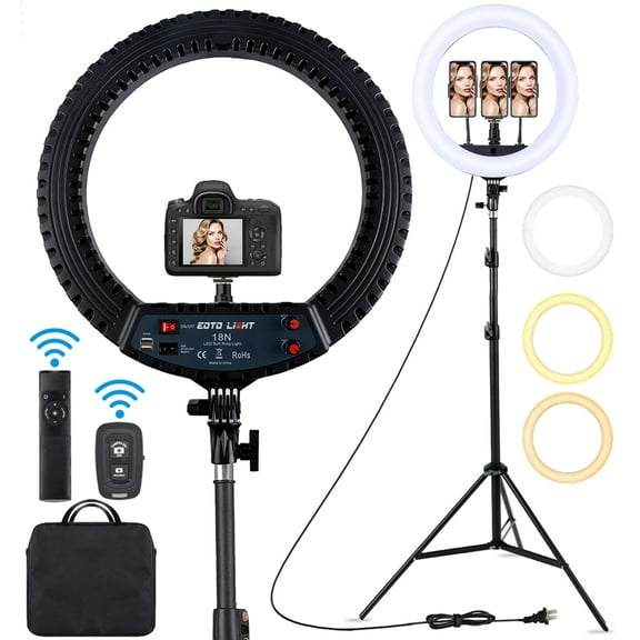 18 inch LED Ring Light with Tripod Stand Dimmable Makeup Selfie Ring Light for Studio Portrait YouTube Vlog Video Shooting with Carrying Bag and Remote Controller, CRI 90