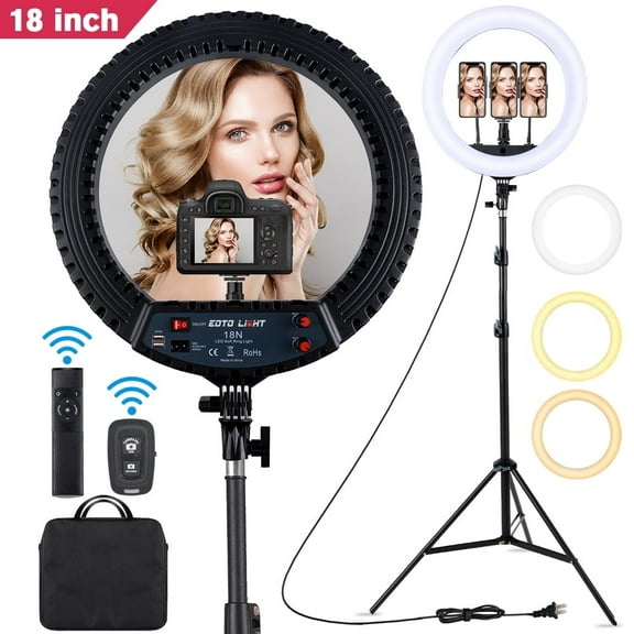 18 inch LED Ring Light with Tripod Stand Dimmable Makeup Selfie Ring Light for Studio Portrait YouTube Vlog Video Shooting with Carrying Bag and Remote Controller, CRI 90