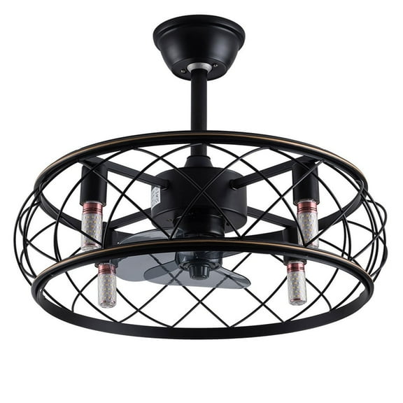 18 inch Metal Caged Ceiling Fan with Light Remote Control, Farmhouse 4-Light Down Rod Mount Chandelier Ceiling Fan Light Fixture with Timing Function Matte Black