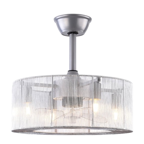 18 inch Modern Industrial Bladeless 3 Wind Speed 3 Blades Down Rod Ceiling Fan with Caged Mesh Shade, Chandelier Ceiling Fan with Light and Remote Control Silver