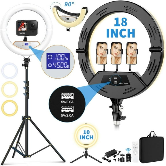18 inch Ring Light with Stand+10 inch Light,Foldable Large Ring Light for ipad iPhone,LCD Display/4 Clips/2 USB Ports,2700-6500K with Tripod for Tattoo Lash Barber Makeup Photography Lighting
